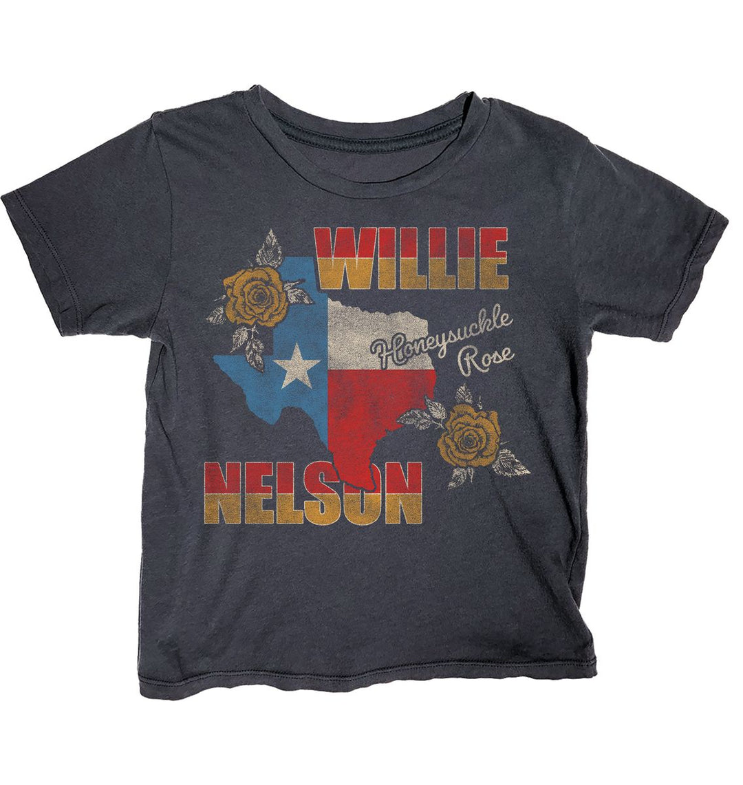 Black t-shirt with Texas map design and 'Willie Nelson' text